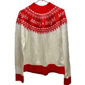 Holiday Time Christmas Sweater Women's Large Red White Merry & Bright Mock‎ Neck